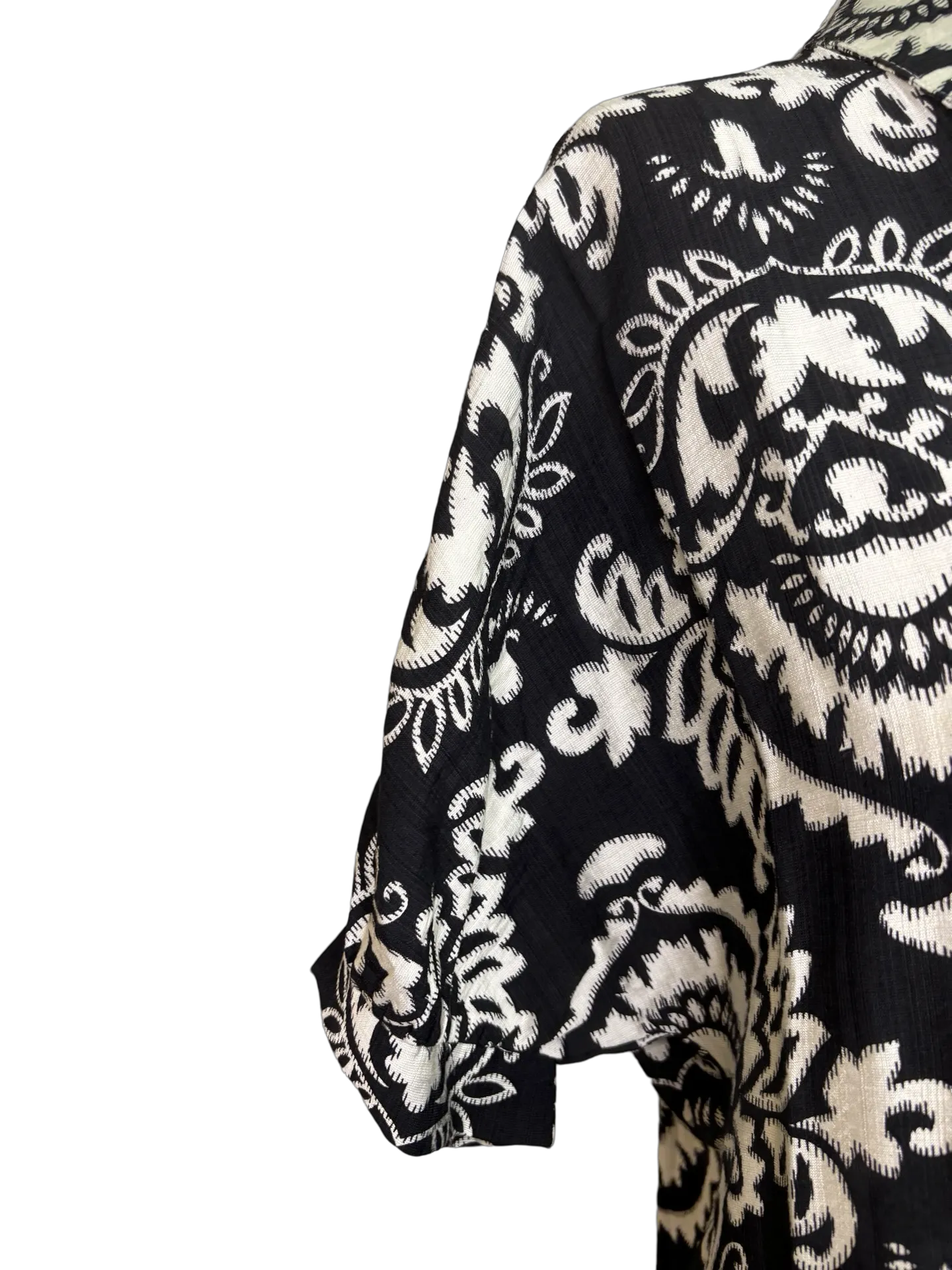 Short Sleeve Print Button Up Dress Black