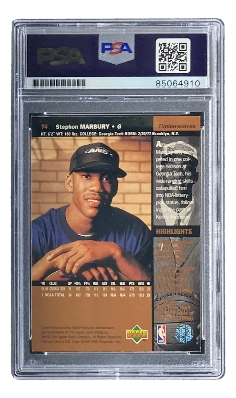 Stephon Marbury Signed 1996 Upper Deck #74 Timberwolves Rookie Card PSA/DNA