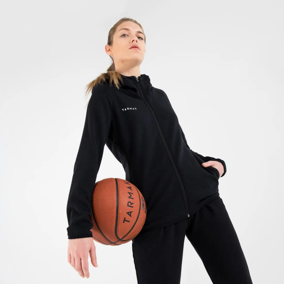 SWEAT DE BASKETBALL A CAPUCHE ZIPPE FEMME - J500 NOIR