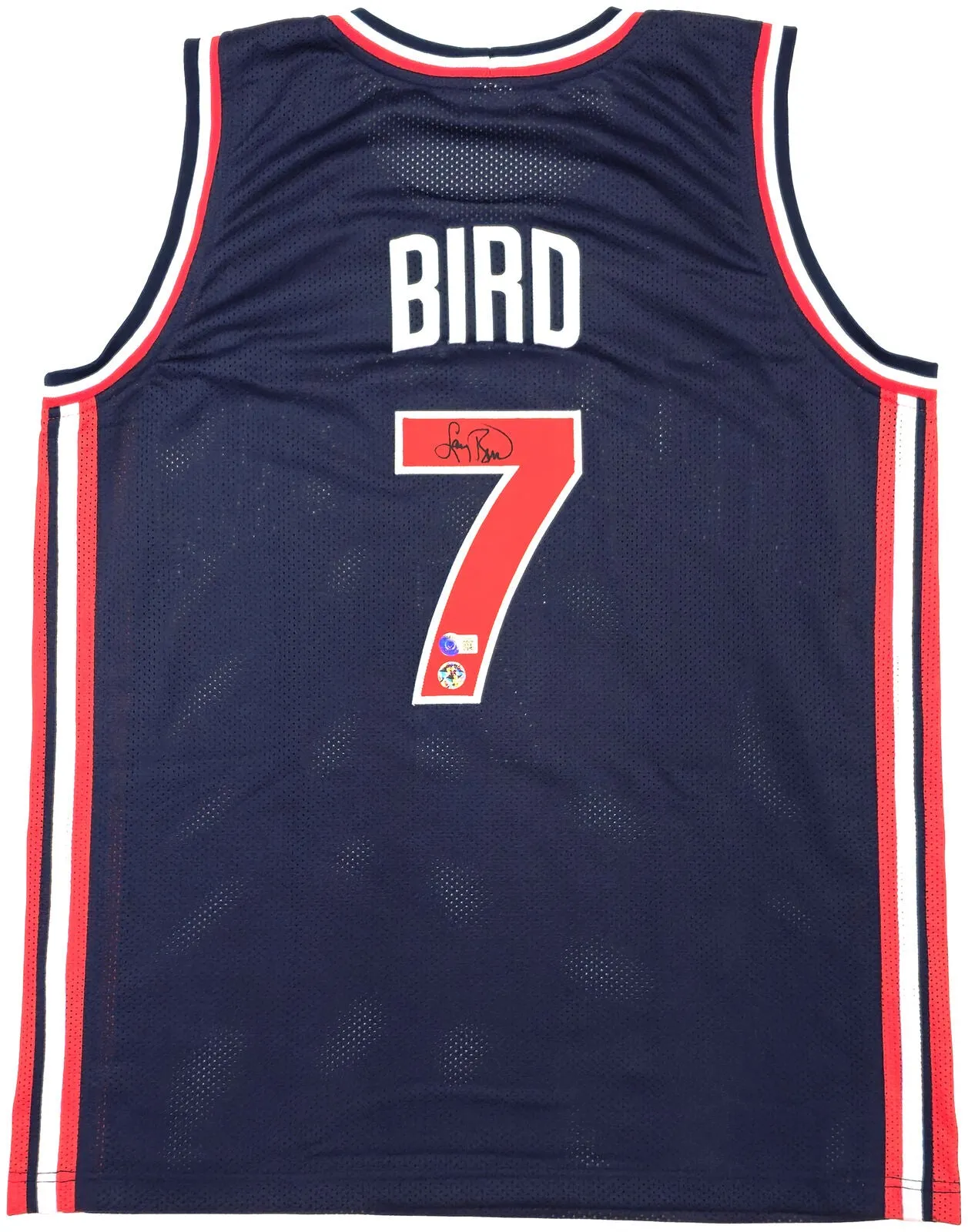 TEAM USA LARRY BIRD AUTOGRAPHED BLUE BASKETBALL JERSEY BECKETT BAS QR 228094