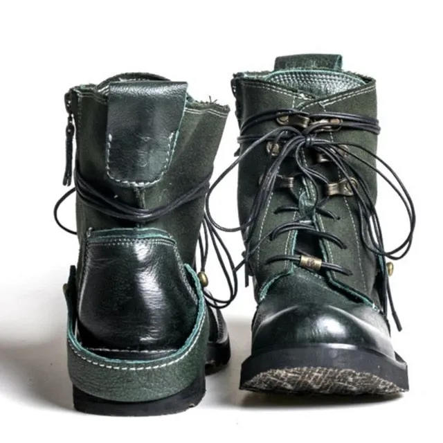Top Quality Designer Vintage Cowhide Mens Ankle Boots Canvas Patchwork Genuine Leather Lace Up Breathable Casual Cargo Boots