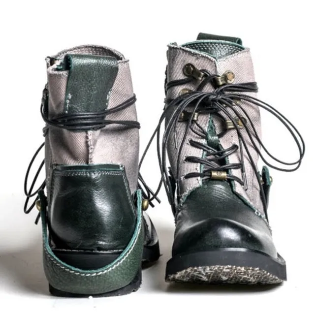 Top Quality Designer Vintage Cowhide Mens Ankle Boots Canvas Patchwork Genuine Leather Lace Up Breathable Casual Cargo Boots