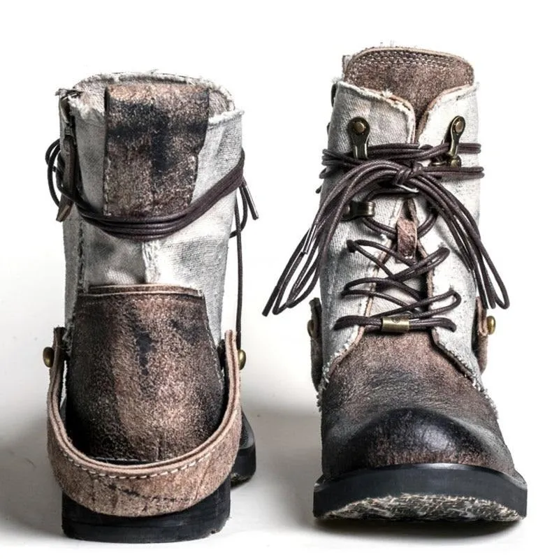 Top Quality Designer Vintage Cowhide Mens Ankle Boots Canvas Patchwork Genuine Leather Lace Up Breathable Casual Cargo Boots
