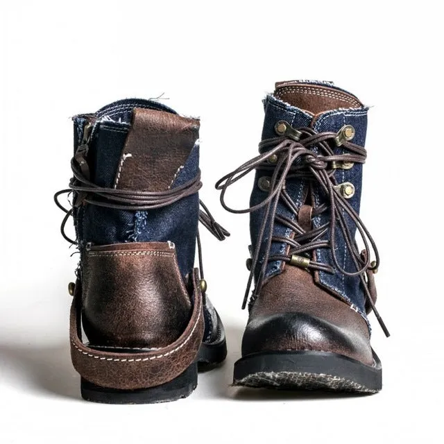Top Quality Designer Vintage Cowhide Mens Ankle Boots Canvas Patchwork Genuine Leather Lace Up Breathable Casual Cargo Boots