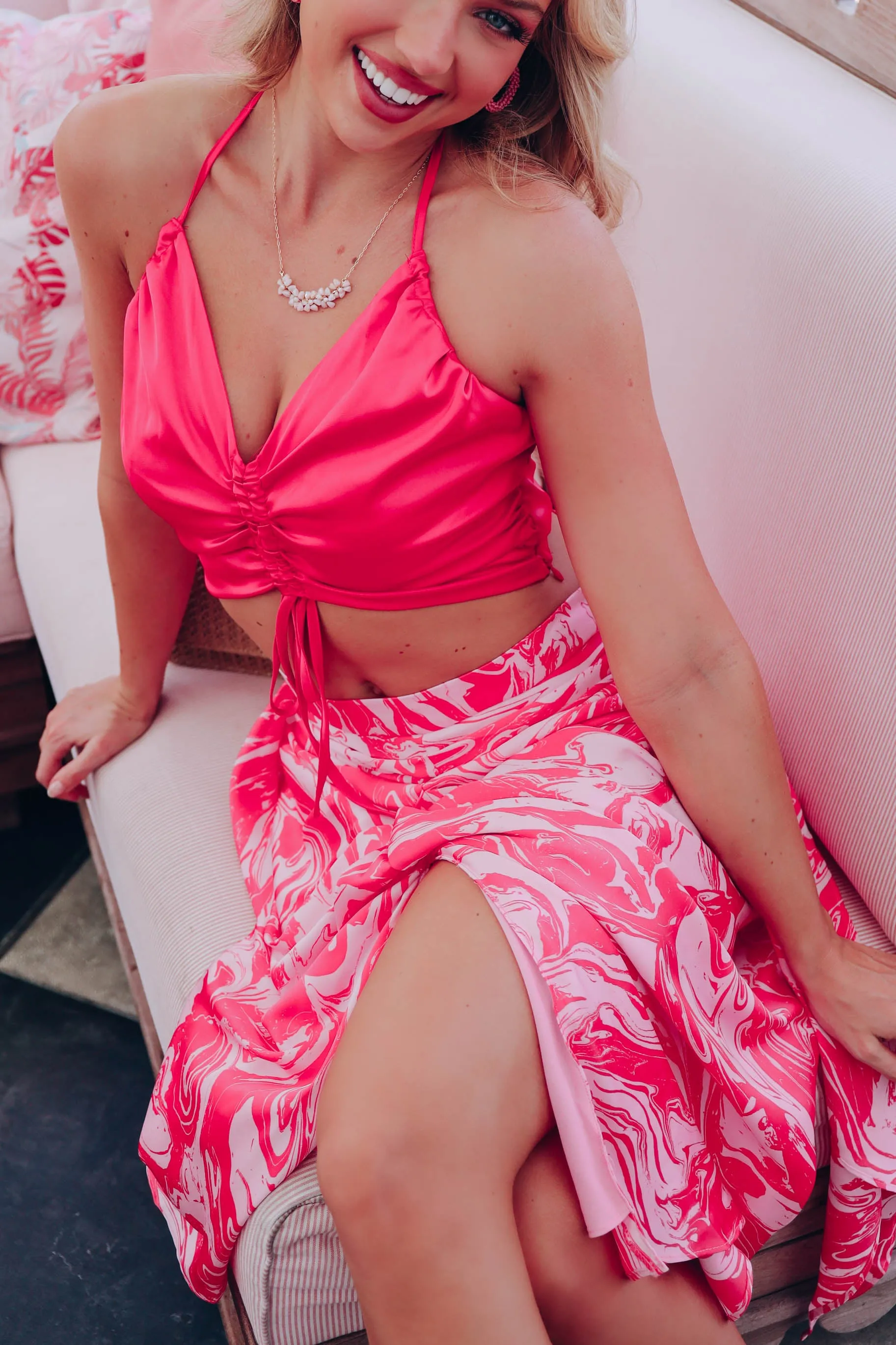 Tropical Vibes Front Slit Midi Skirt - Pink- FINAL SALE