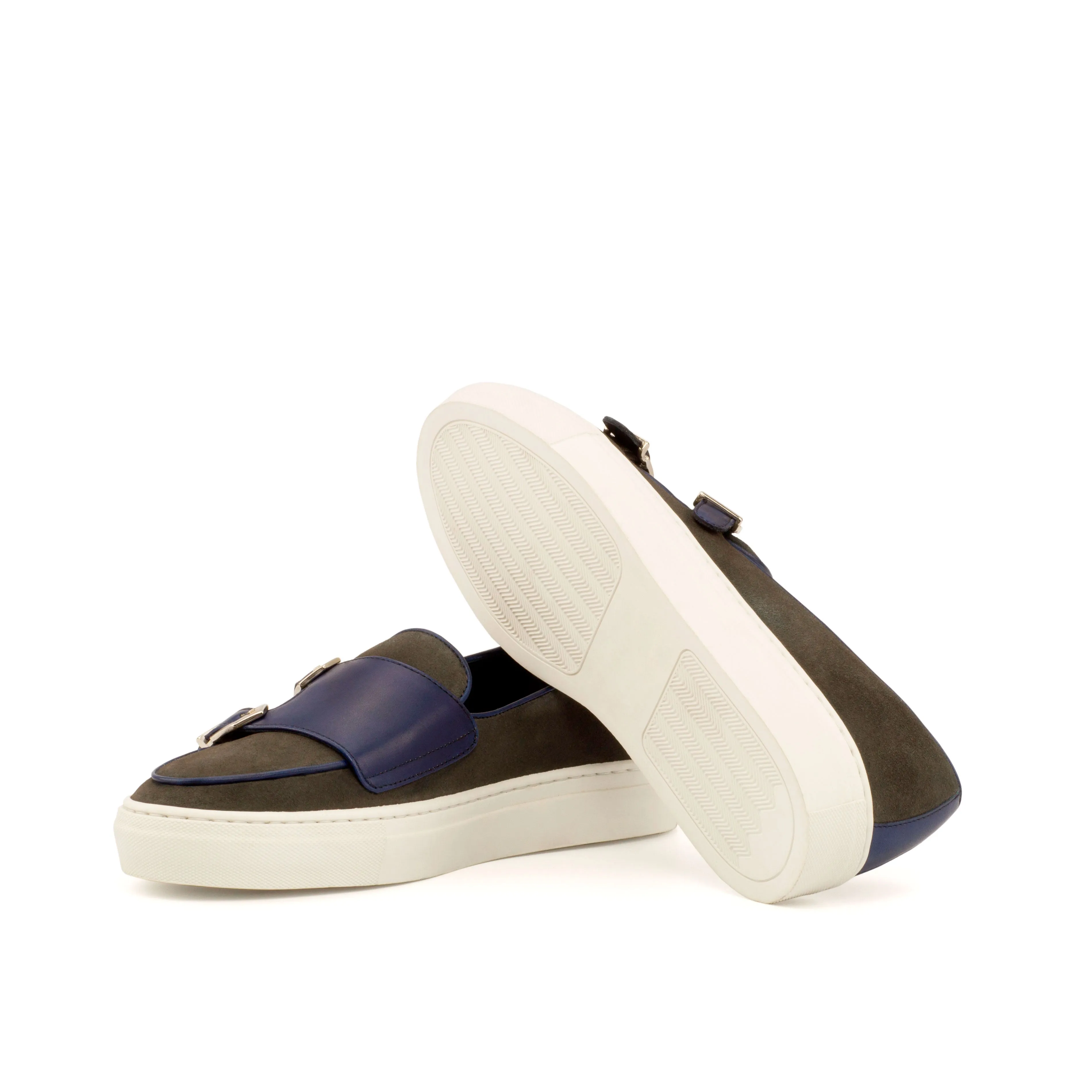 Unique Handcrafted Monk Sneaker - Lux Suede Grey-Painted Calf Navy