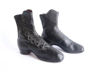 Victorian Black Leather Womens Button Boots - Size 7 / 7.5