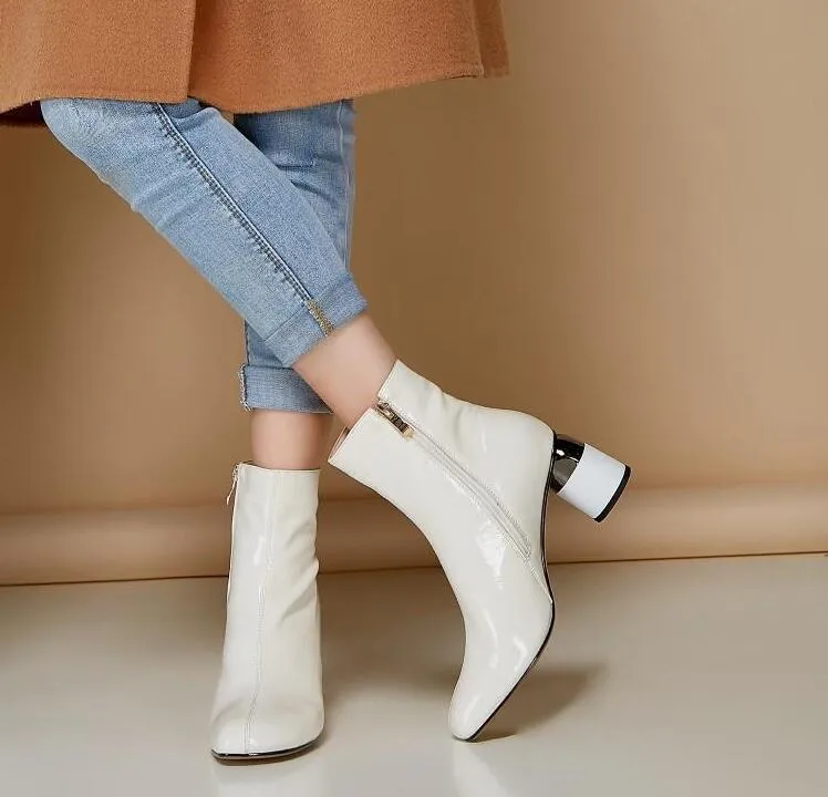 White Patent Leather Women Boots Short Autumn Botas Mujer Ladies Outside Winter Footwear 6cm Round Heels Chelsea Boots Woman