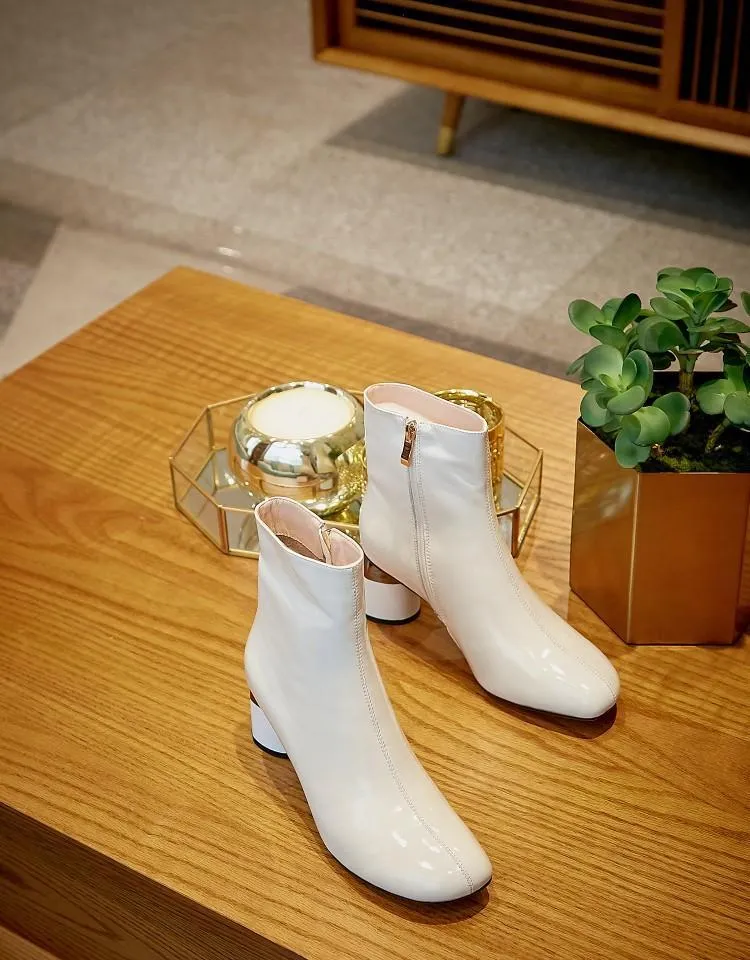 White Patent Leather Women Boots Short Autumn Botas Mujer Ladies Outside Winter Footwear 6cm Round Heels Chelsea Boots Woman