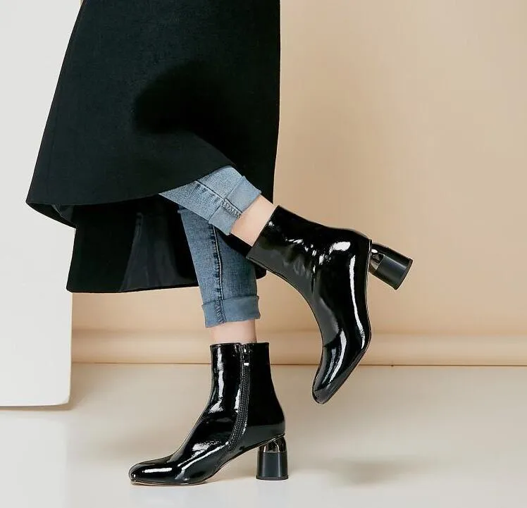 White Patent Leather Women Boots Short Autumn Botas Mujer Ladies Outside Winter Footwear 6cm Round Heels Chelsea Boots Woman
