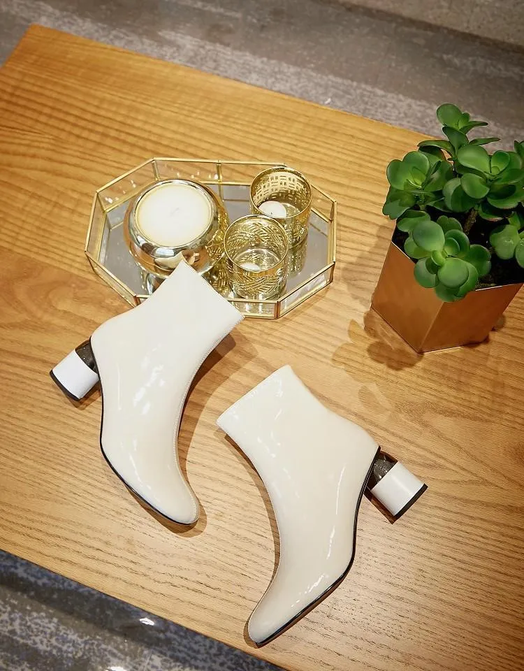 White Patent Leather Women Boots Short Autumn Botas Mujer Ladies Outside Winter Footwear 6cm Round Heels Chelsea Boots Woman