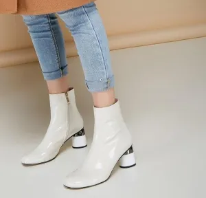 White Patent Leather Women Boots Short Autumn Botas Mujer Ladies Outside Winter Footwear 6cm Round Heels Chelsea Boots Woman