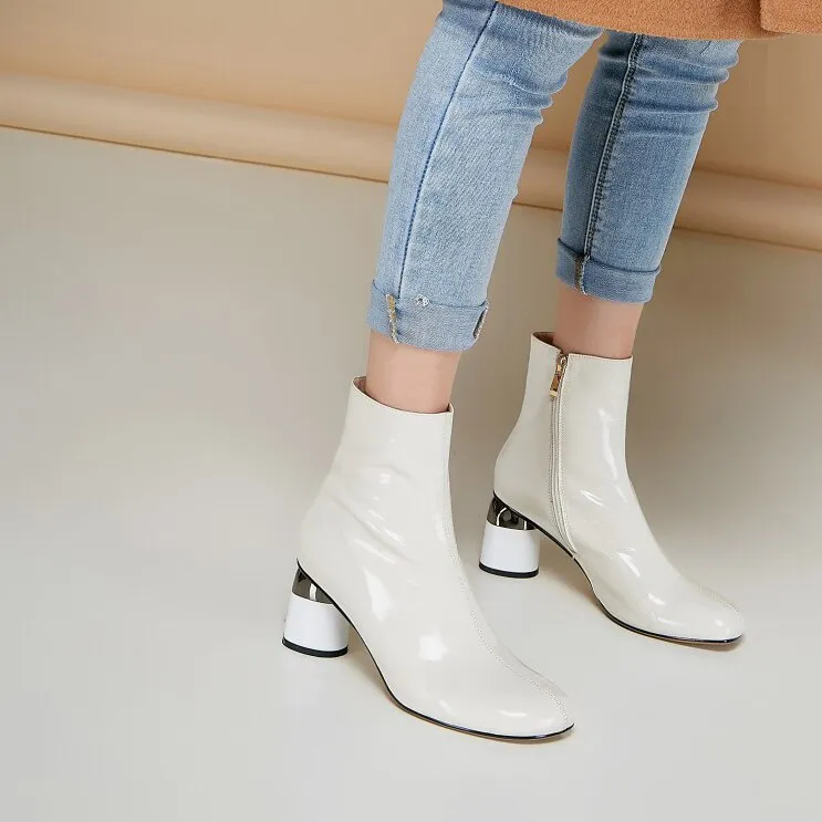 White Patent Leather Women Boots Short Autumn Botas Mujer Ladies Outside Winter Footwear 6cm Round Heels Chelsea Boots Woman