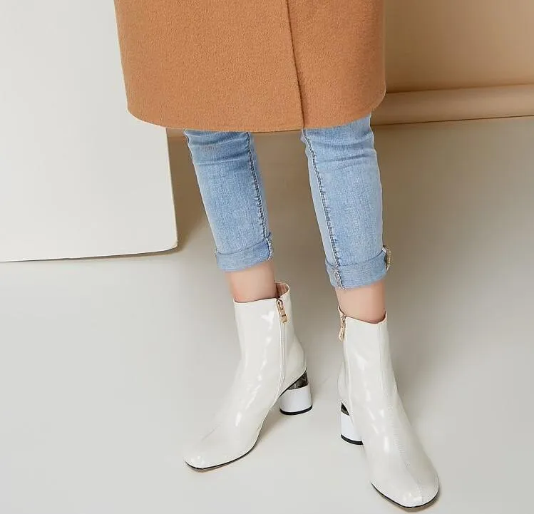 White Patent Leather Women Boots Short Autumn Botas Mujer Ladies Outside Winter Footwear 6cm Round Heels Chelsea Boots Woman