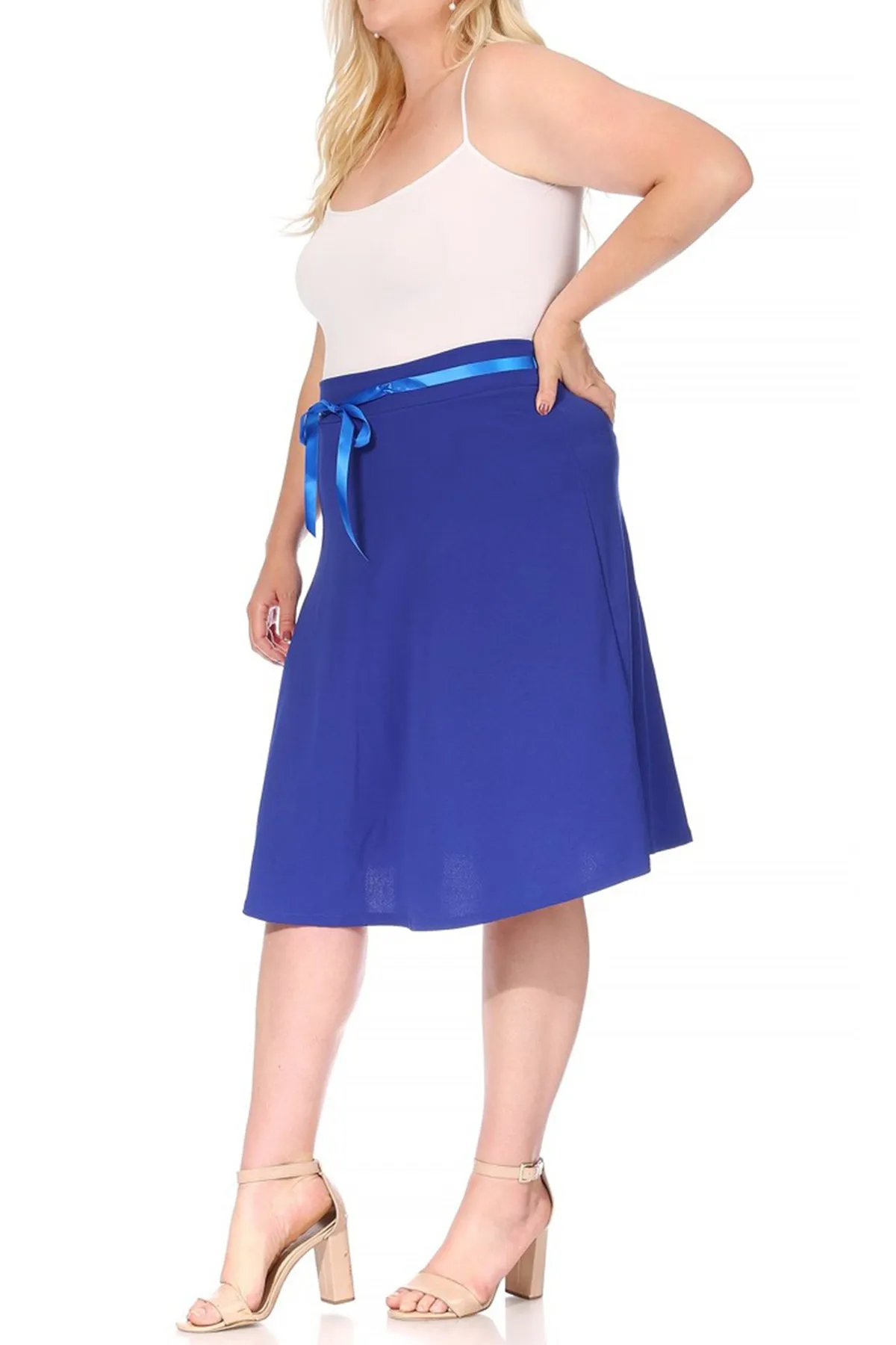 Women's Plus Size Casual High Waist Bow Tie Belted A Line Midi Knee Length Skirts