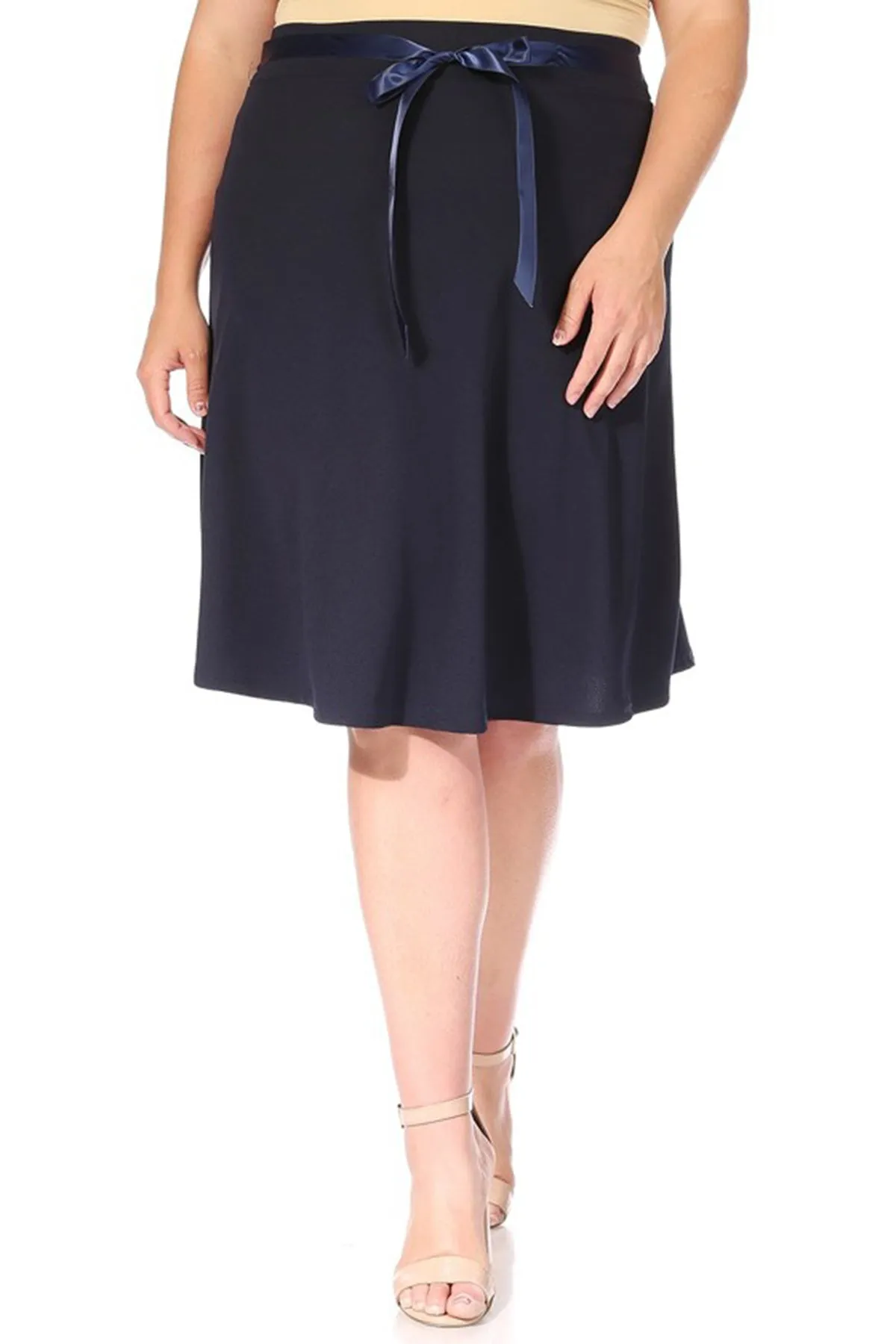 Women's Plus Size Casual High Waist Bow Tie Belted A Line Midi Knee Length Skirts
