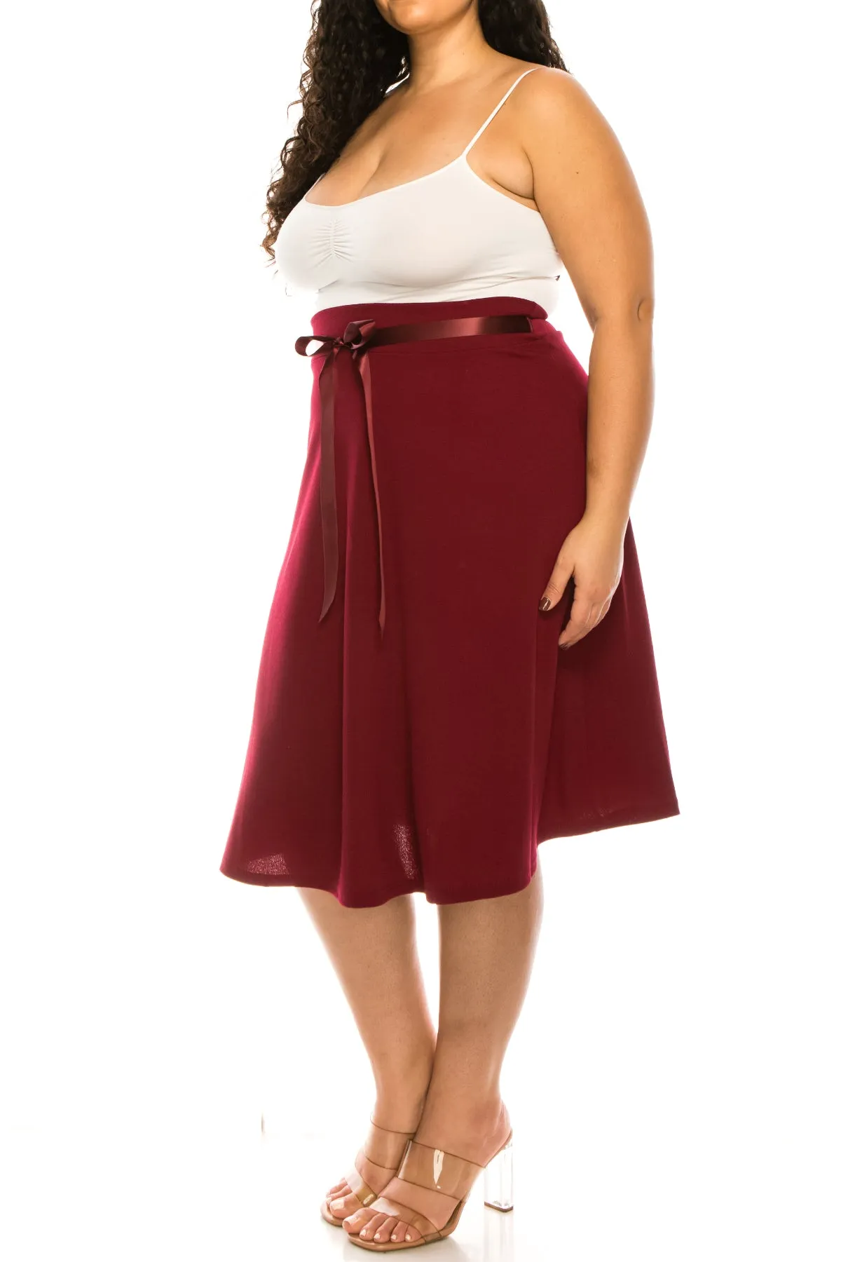 Women's Plus Size Casual High Waist Bow Tie Belted A Line Midi Knee Length Skirts
