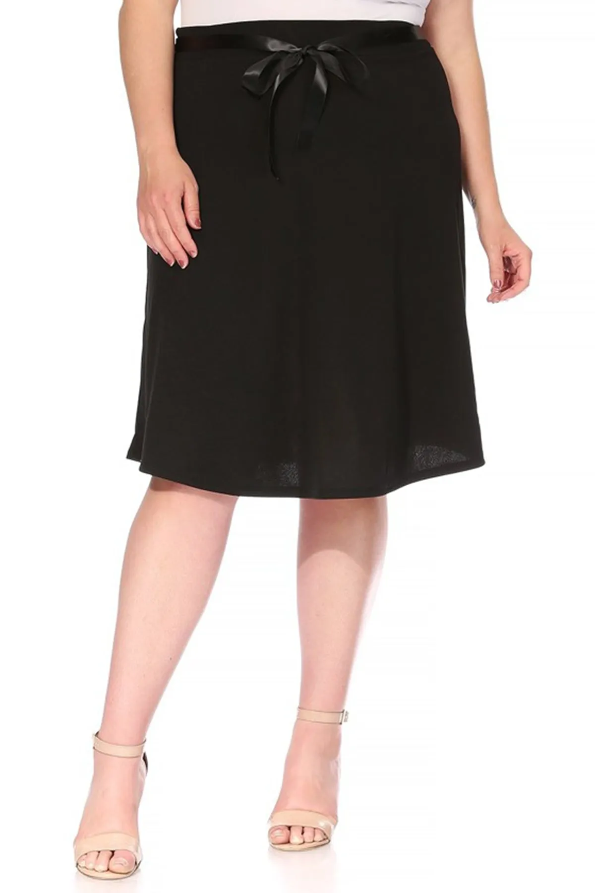 Women's Plus Size Casual High Waist Bow Tie Belted A Line Midi Knee Length Skirts