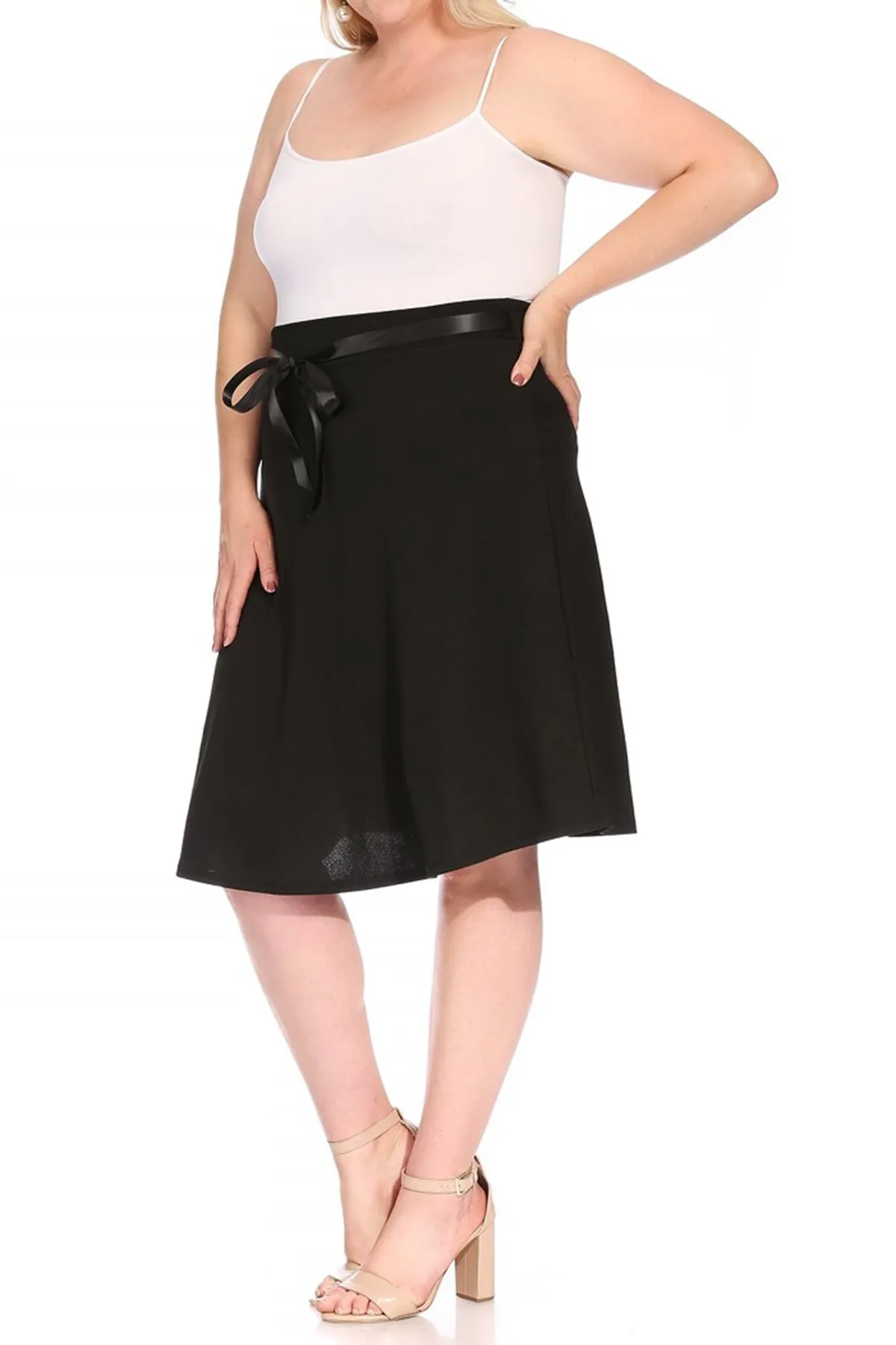 Women's Plus Size Casual High Waist Bow Tie Belted A Line Midi Knee Length Skirts