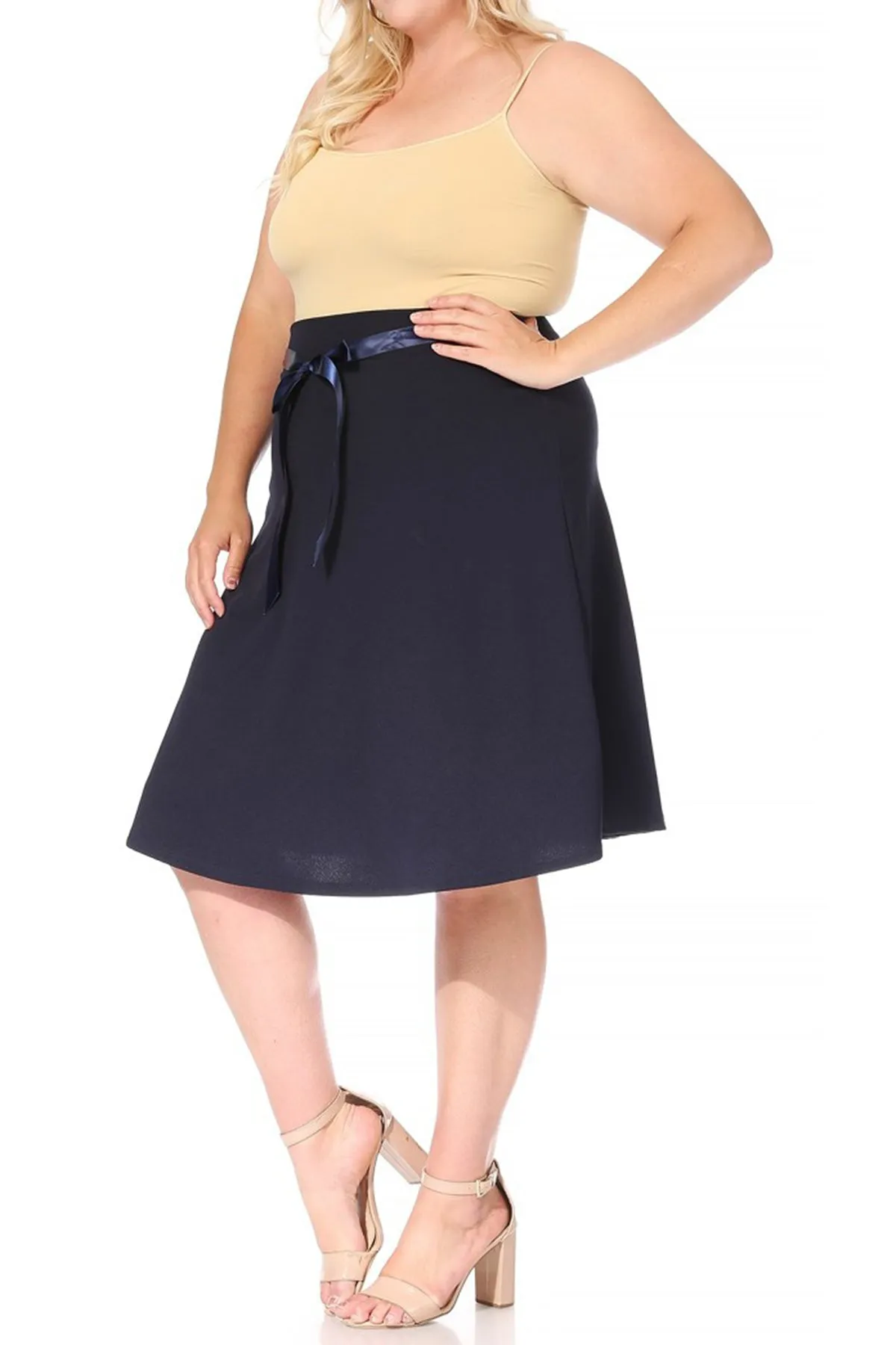 Women's Plus Size Casual High Waist Bow Tie Belted A Line Midi Knee Length Skirts