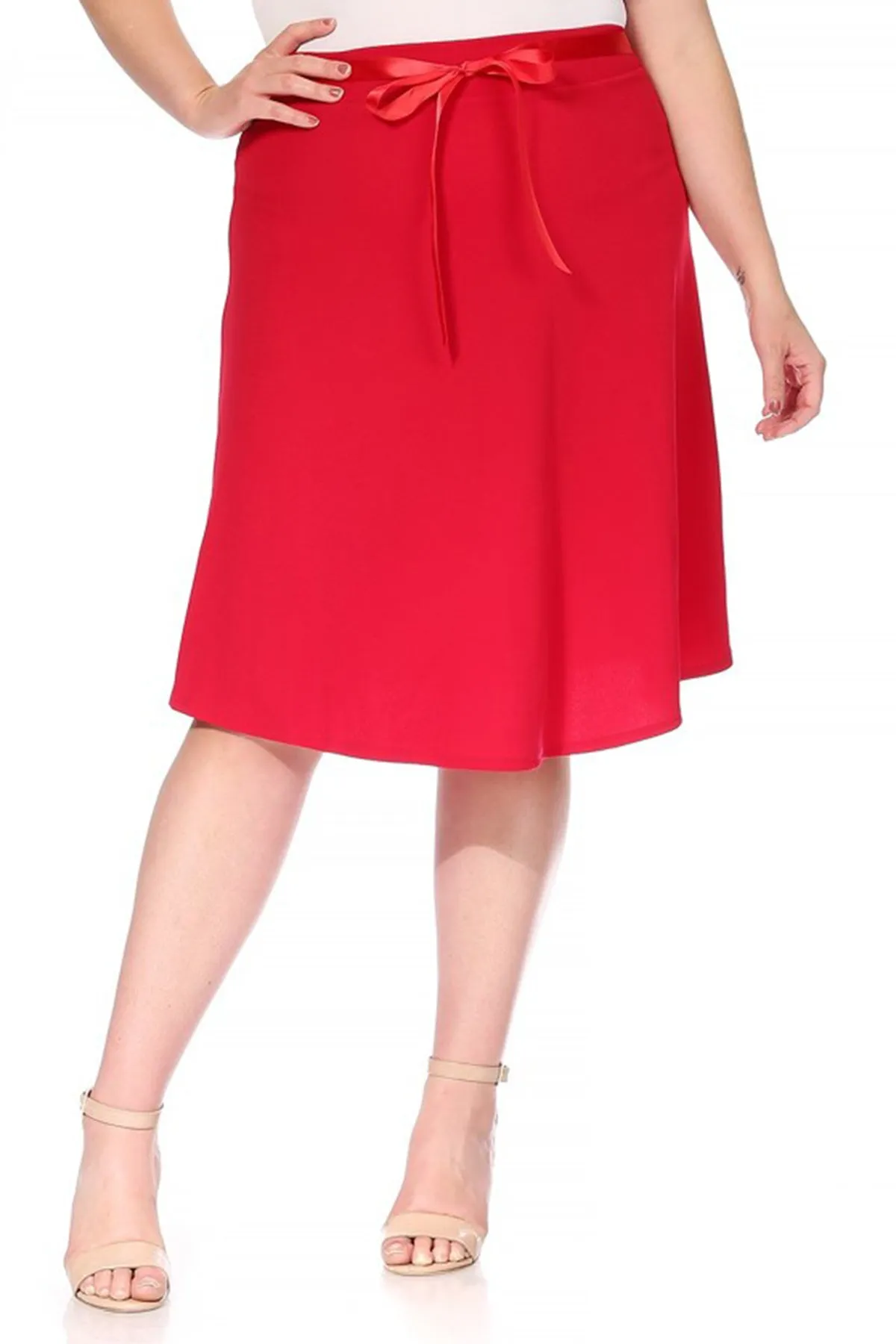 Women's Plus Size Casual High Waist Bow Tie Belted A Line Midi Knee Length Skirts