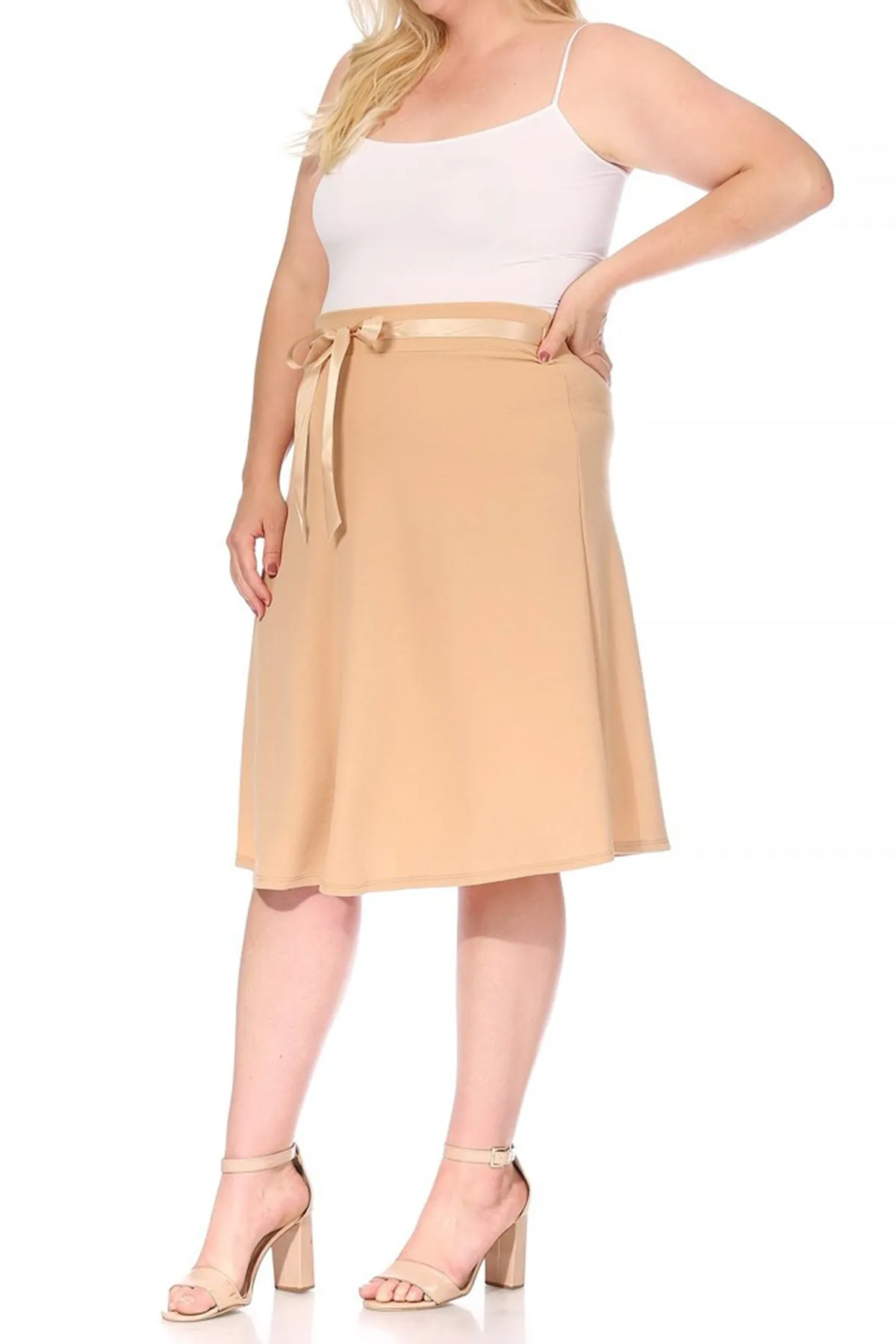 Women's Plus Size Casual High Waist Bow Tie Belted A Line Midi Knee Length Skirts
