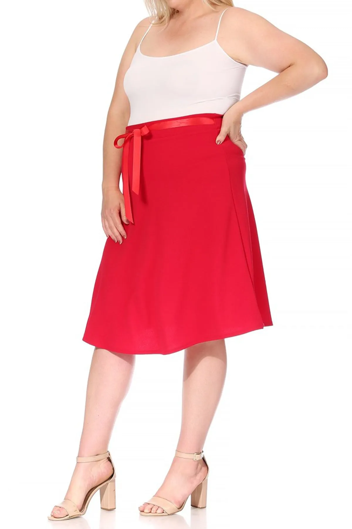 Women's Plus Size Casual High Waist Bow Tie Belted A Line Midi Knee Length Skirts