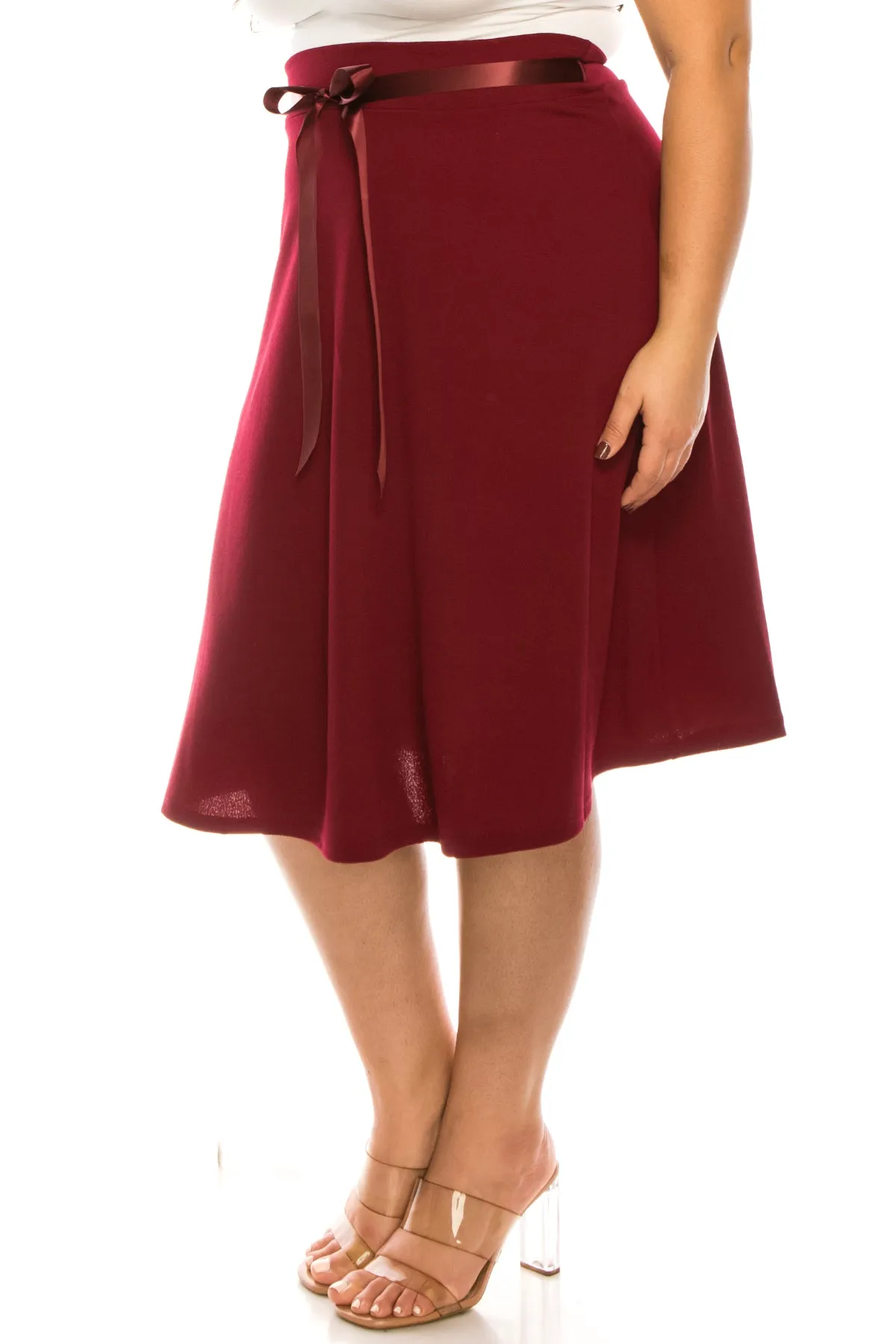 Women's Plus Size Casual High Waist Bow Tie Belted A Line Midi Knee Length Skirts