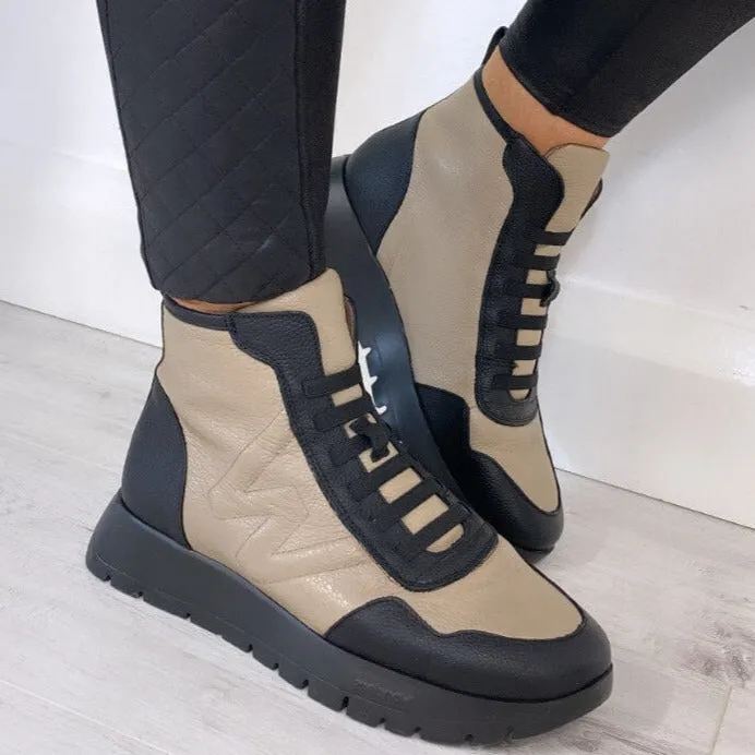 Wonders Black & Taupe Leather Sneaker Boots