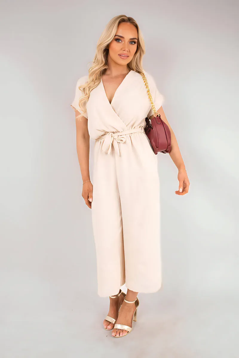 Wrap Short Sleeve Wide Leg Jumpsuit with Tie Waist