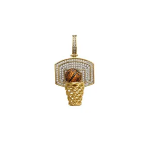 Zirconia 3D Basketball Board, Hoop & Ball Pendant (14K)